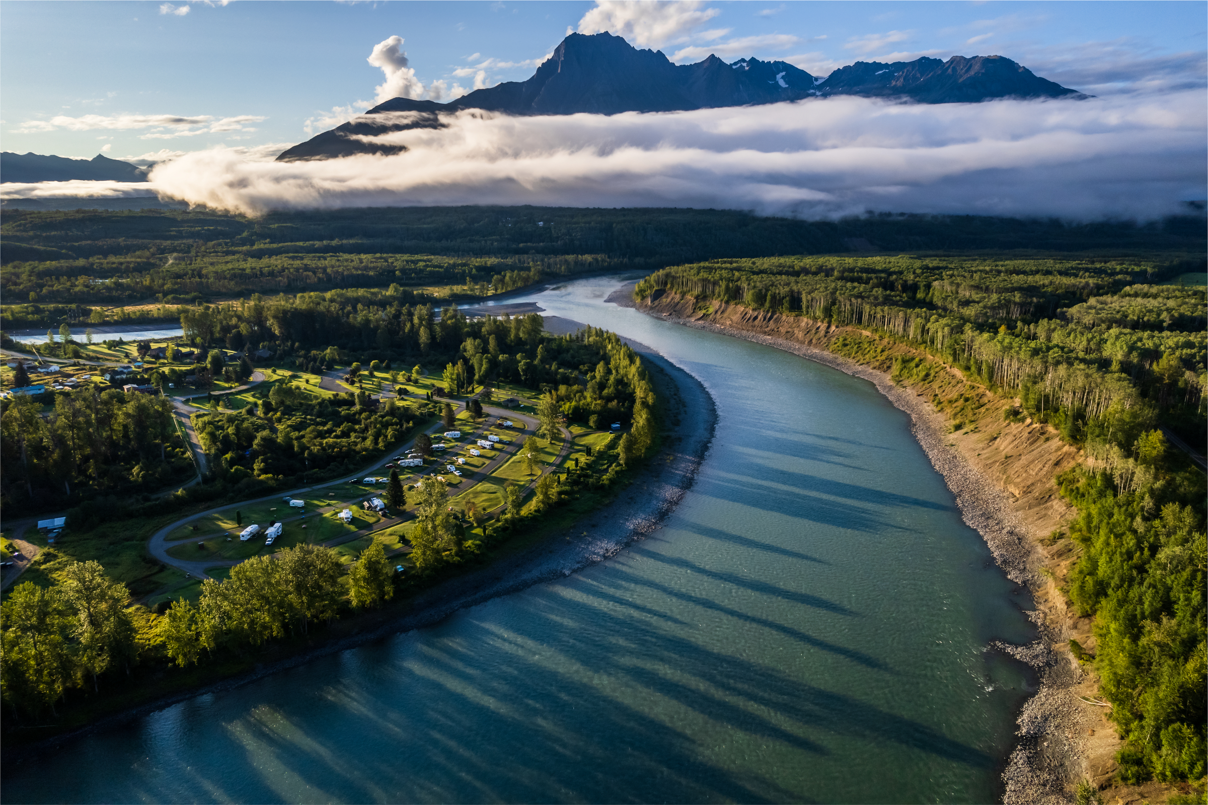 scenic view of a mountain with cloud cover along the Skeena River