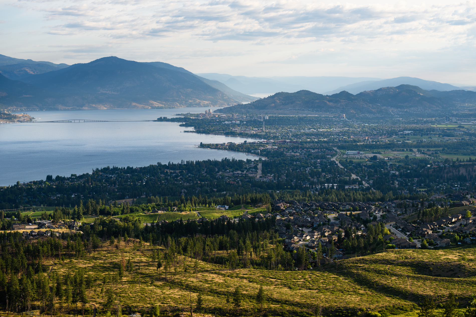 The town of Kelowna in the as seen surrounding Okanagan lake.